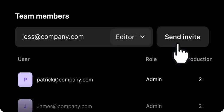 User interface showing team members with emails, roles as Admin, production counts, and an input field with role dropdown to invite a new user.